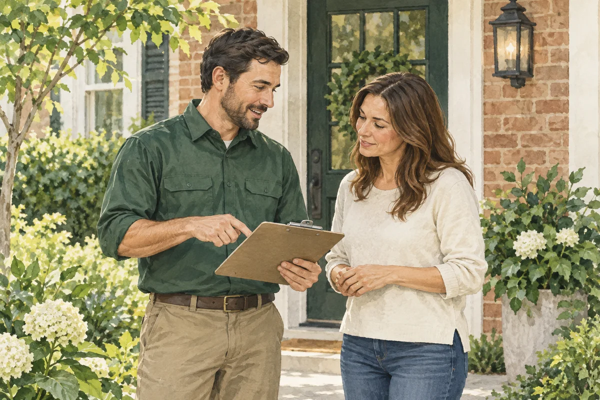 Illustration of a technician discussing an inspection with a homeowner
